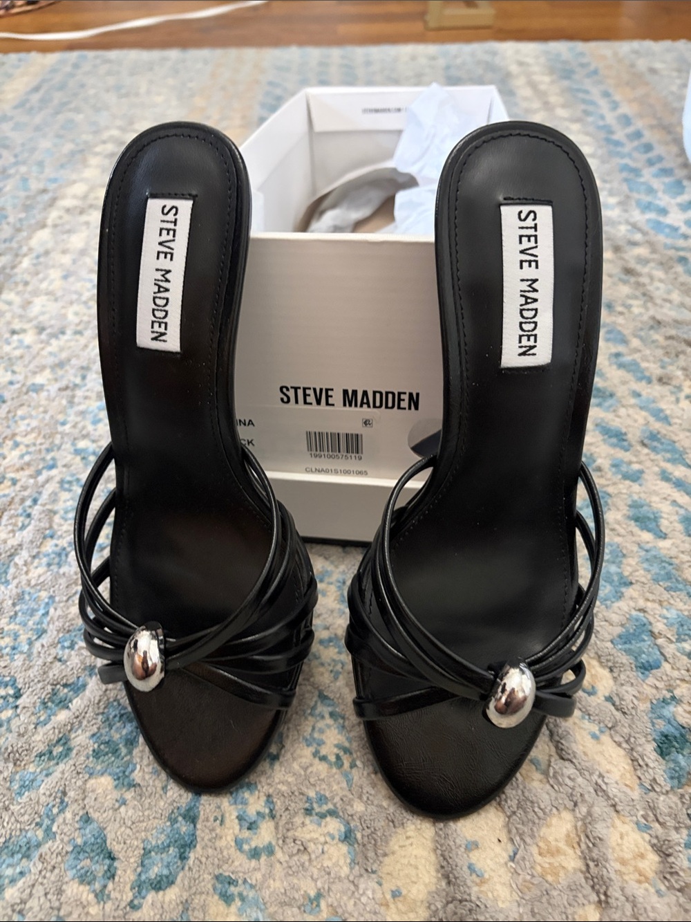 Steve Madden Black Strappy Slide Sandals with Silver Orb Detail